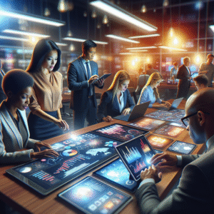 A dynamic, cinematic newsroom setting with diverse marketing professionals collaborating around digital screens displaying vibrant social media graphs and data visualizations, bathed in warm, focused lighting that highlights innovation and strategic teamwork.