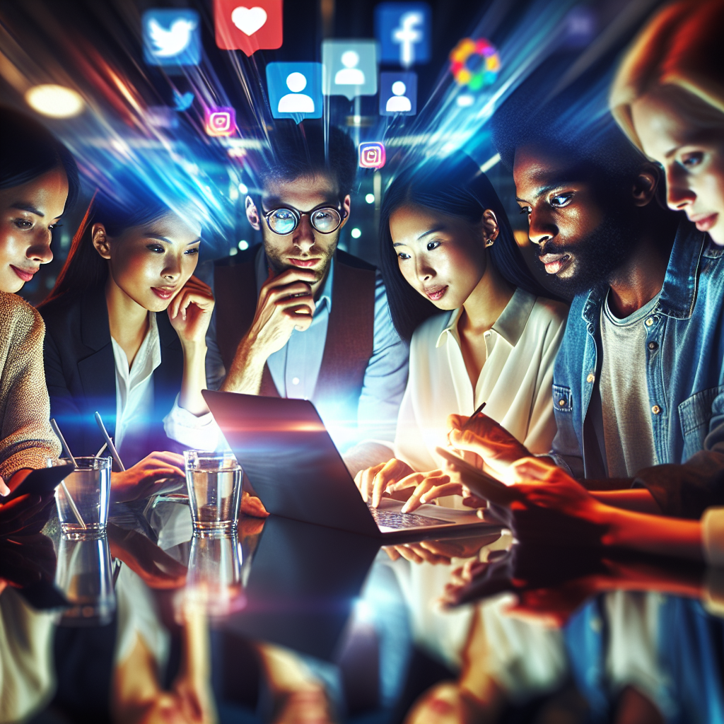 A dynamic, cinematic scene of a diverse group of young professionals collaborating intently around a glowing laptop and smartphones in a modern office, with vibrant social media icons subtly reflected on glass surfaces, capturing the energy of strategic digital engagement and creative teamwork.