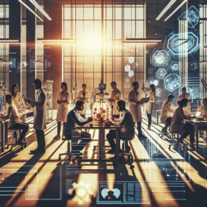 A cinematic, high-contrast editorial photo of diverse healthcare startup entrepreneurs and researchers collaborating around advanced medical technology prototypes in a modern IIT Madras laboratory, with warm natural light filtering through large windows and subtle digital overlays hinting at AI and data analytics.