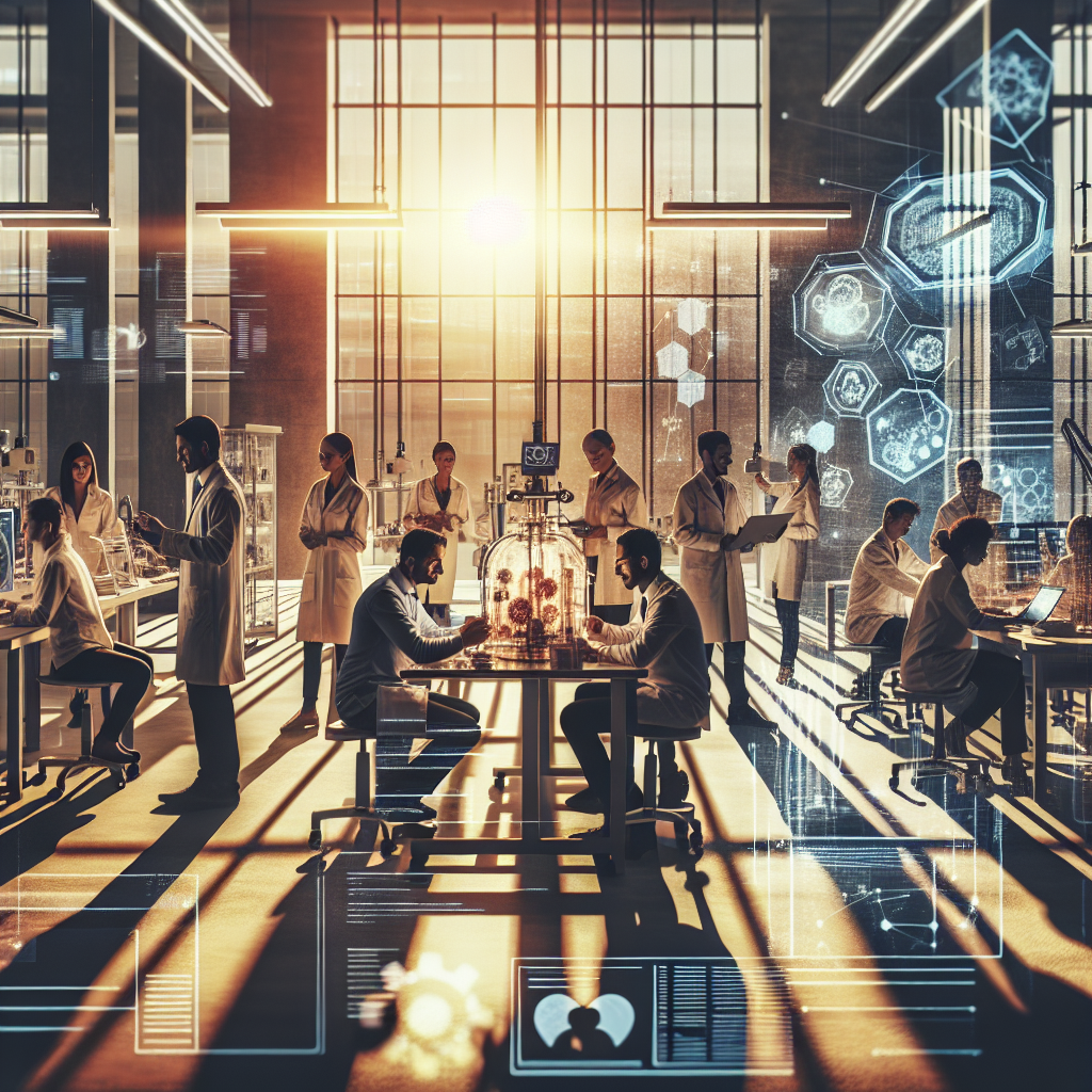 A cinematic, high-contrast editorial photo of diverse healthcare startup entrepreneurs and researchers collaborating around advanced medical technology prototypes in a modern IIT Madras laboratory, with warm natural light filtering through large windows and subtle digital overlays hinting at AI and data analytics.