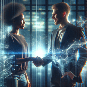 A dynamic, cinematic editorial image showing two diverse startup founders shaking hands confidently in a sleek modern office with digital holographic graphs and blockchain-inspired abstract data streams subtly glowing around them, symbolizing a powerful partnership accelerating growth in the Web3 technology space.
