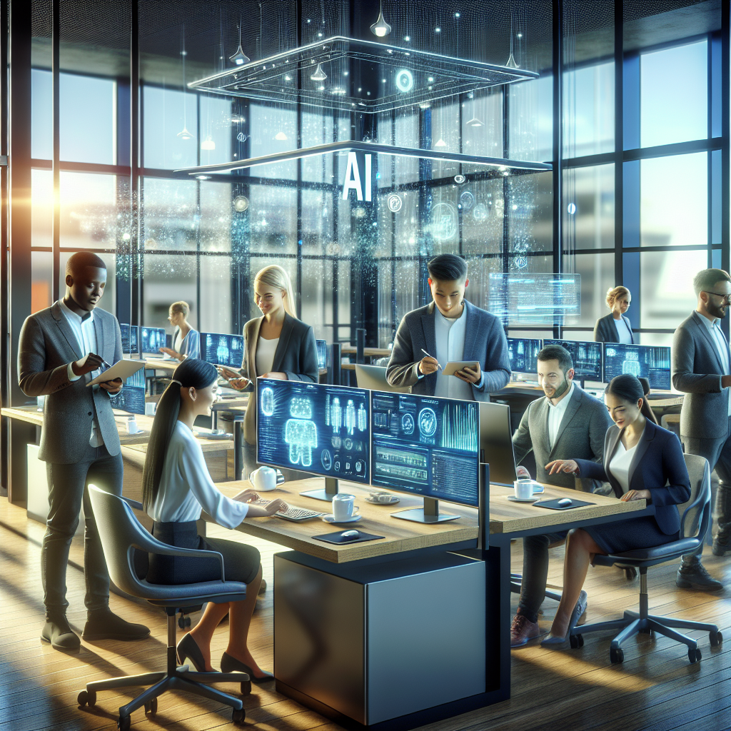 A cinematic editorial scene inside a modern restaurant tech office in Dublin, featuring a diverse team of professionals collaborating over glowing AI data displays and digital restaurant management dashboards, with ambient natural light highlighting advanced technology and a dynamic, innovative atmosphere symbolizing AI-driven job growth in the hospitality industry.