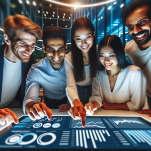 A dynamic, cinematic close-up of a diverse team of marketing professionals collaborating around a sleek digital dashboard displaying social media analytics, set in a modern, well-lit office environment that conveys innovation and cutting-edge technology.