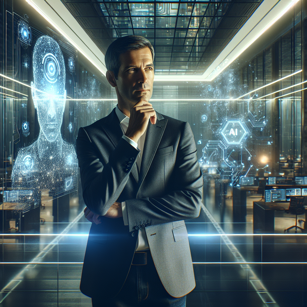 A cinematic editorial photograph of a confident political leader standing thoughtfully in a modern tech hub filled with futuristic AI-inspired digital holograms and glowing data streams, symbolizing visionary leadership championing innovation without restrictive regulation.