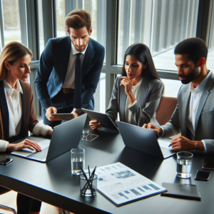 A diverse team of business professionals collaborating around a sleek conference table, reviewing digital content strategies on laptops and tablets in a modern, bright office with large windows, capturing a focused and innovative atmosphere.