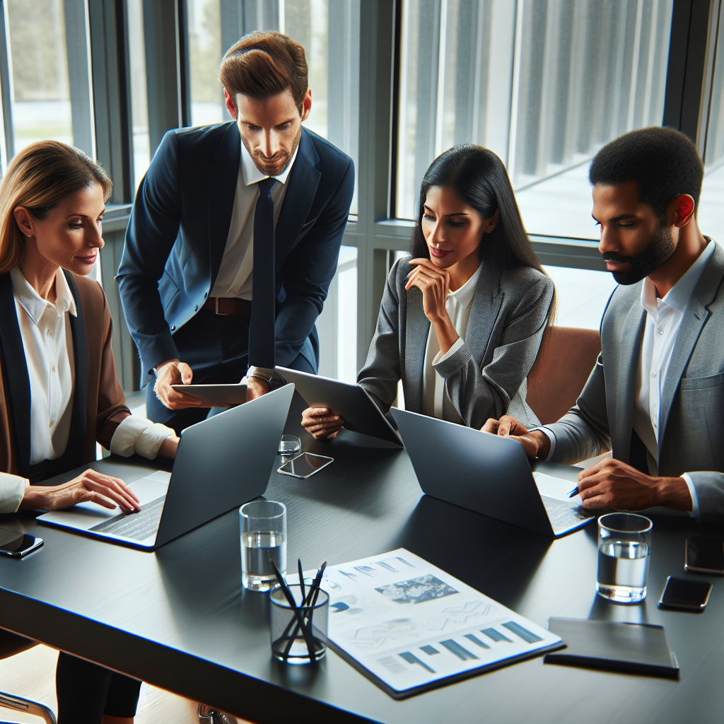 A diverse team of business professionals collaborating around a sleek conference table, reviewing digital content strategies on laptops and tablets in a modern, bright office with large windows, capturing a focused and innovative atmosphere.