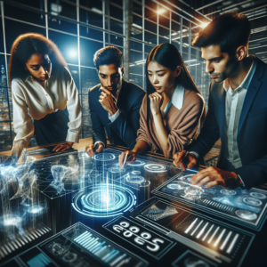 A cinematic editorial photo of a diverse team of professionals collaborating around a sleek digital workspace filled with futuristic holographic data charts and AI interface elements, symbolizing strategic planning and innovative B2B content marketing for 2026.