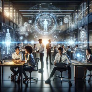 A cinematic editorial image of a diverse team of professionals collaborating in a modern, high-tech office filled with holographic AI data projections and futuristic digital interfaces, conveying innovation, human-AI partnership, and transformative technology shaping the future.