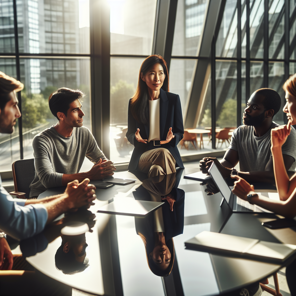 A dynamic medium shot of a confident Korean business leader in a modern co-working space, engaging with diverse startup founders brainstorming around a sleek table filled with laptops and prototypes, with sunlight streaming through large windows highlighting a collaborative, innovative atmosphere in a high-tech urban setting.