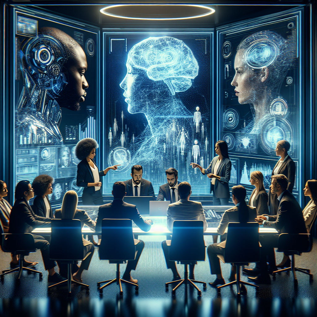A dramatic, cinematic shot of a diverse group of healthcare and technology leaders in a sleek, modern conference room, intensely collaborating around digital holograms and AI data visualizations, symbolizing visionary leadership driving innovative AI transformation in healthcare.