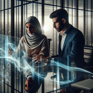 A dramatic, cinematic editorial image of two diverse business professionals in a modern office space, collaborating intensely over futuristic digital holograms representing AI technology and data streams, with sleek cityscape windows in the background conveying innovation and partnership in AI-driven enterprise transformation.