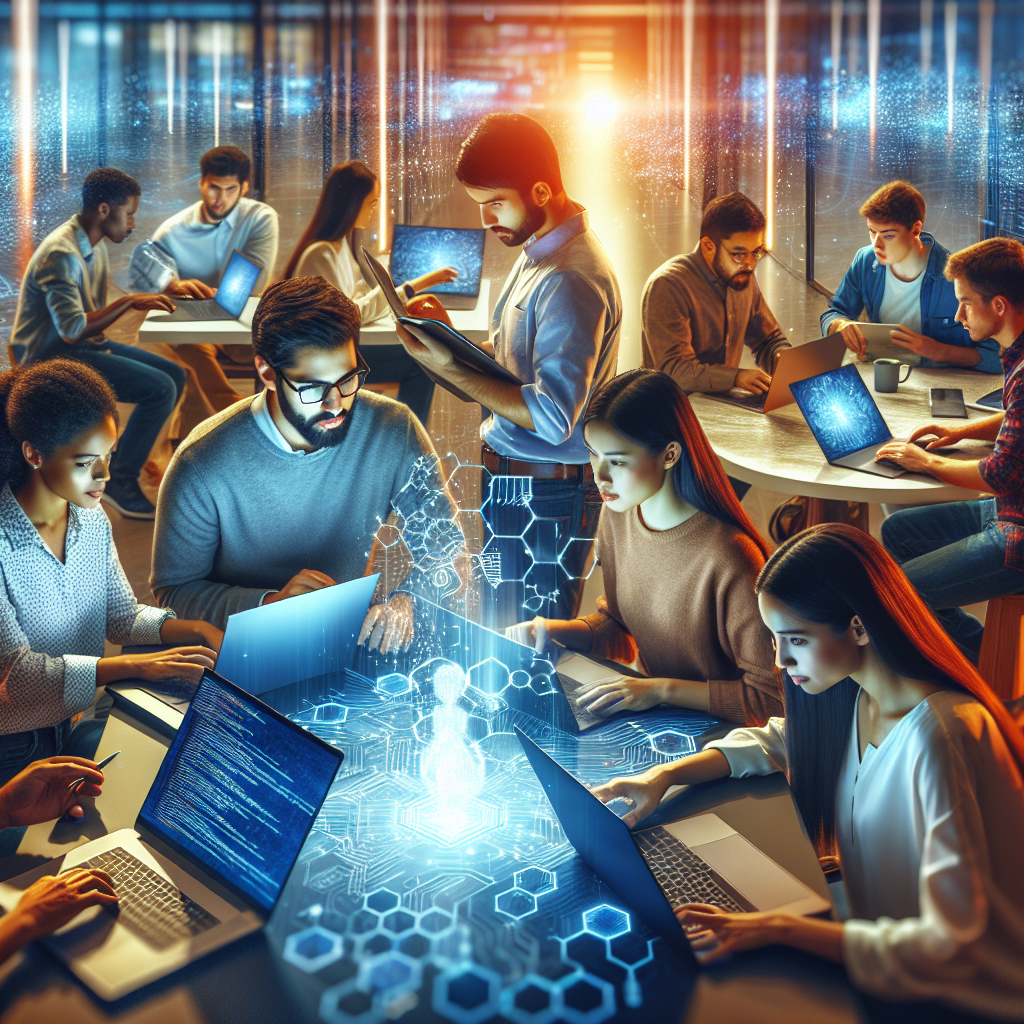 A dynamic, cinematic scene showing diverse young professionals and students intensely collaborating around laptops and digital devices in a modern, tech-filled workspace at IIT Delhi, illuminated by soft blue and warm ambient lighting that suggests innovation and cutting-edge cybersecurity and AI development.