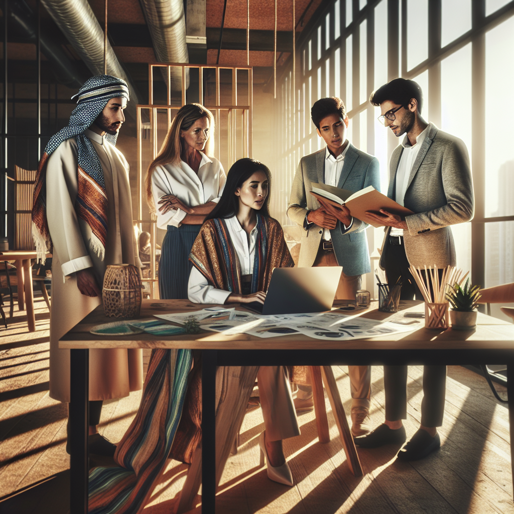A cinematic, editorial-style image of a diverse group of professionals collaborating in a modern, sunlit office surrounded by sustainable materials and eco-friendly fashion items, symbolizing ethical business practices and environmental responsibility.