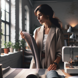 A cinematic, editorial-style photograph of a female entrepreneur thoughtfully examining sustainable, organic textiles in a bright, modern design studio filled with natural light and eco-friendly materials, conveying innovation and responsible business practices.