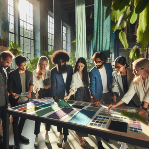 A cinematic editorial photograph of a diverse group of professionals collaborating over sustainable fabric samples and eco-friendly fashion designs in a bright, modern studio filled with natural light and greenery, symbolizing innovation and responsible business practices for a greener future.