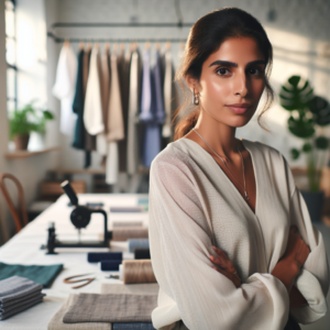 A cinematic editorial portrait of a confident female fashion entrepreneur standing thoughtfully in a bright, modern workspace surrounded by eco-friendly fabrics and sustainable clothing pieces, symbolizing leadership, innovation, and commitment to environmental responsibility.