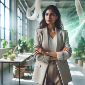 A cinematic editorial image of a confident businesswoman standing thoughtfully in a bright, modern office filled with sustainable materials like organic textiles and plants, symbolizing eco-friendly innovation and leadership in fashion sustainability for a greener future.