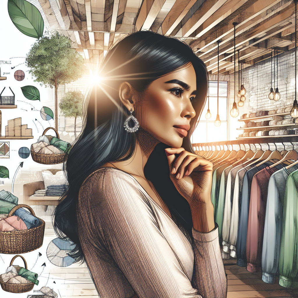 A cinematic editorial photograph of a stylish woman thoughtfully examining sustainable, organically made clothing in a sunlit boutique filled with natural textures and recycled materials, evoking ethical fashion and eco-conscious retail innovation.