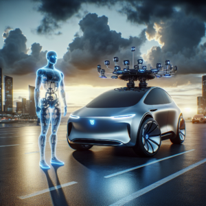 A dramatic, cinematic shot of a sleek Tesla electric car with advanced sensor arrays on its roof, parked on a futuristic city street at dusk under dynamic clouds, with a subtle, semi-transparent humanoid robot figure standing nearby, capturing a visionary atmosphere of cutting-edge AI innovation and technology progress toward 2026.