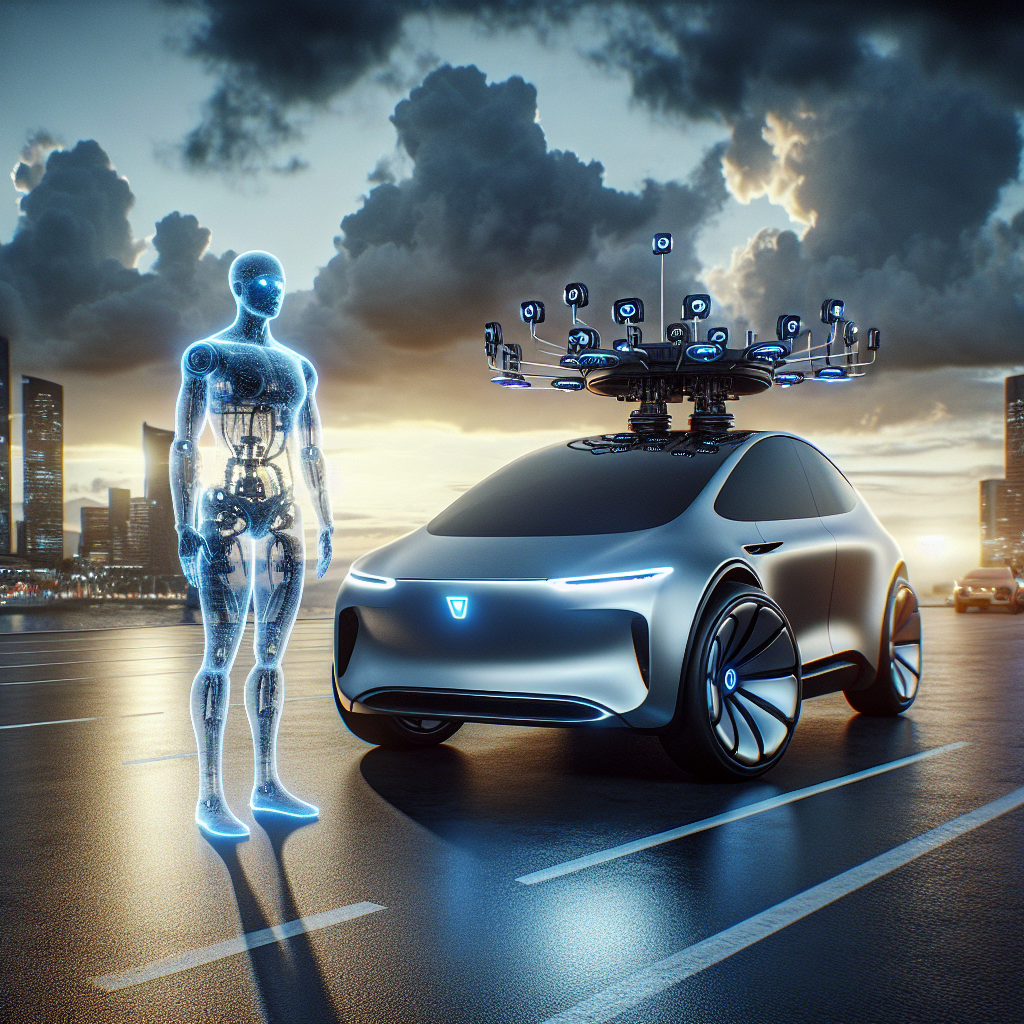 A dramatic, cinematic shot of a sleek Tesla electric car with advanced sensor arrays on its roof, parked on a futuristic city street at dusk under dynamic clouds, with a subtle, semi-transparent humanoid robot figure standing nearby, capturing a visionary atmosphere of cutting-edge AI innovation and technology progress toward 2026.