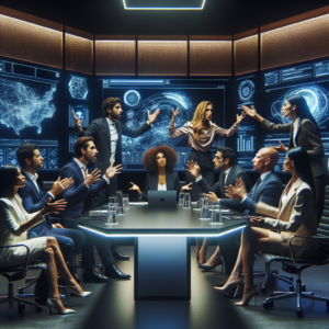 A diverse group of entrepreneurs and business leaders engaged in an intense, dynamic discussion around a sleek modern conference table surrounded by futuristic digital screens and AI-inspired holograms in a stylish, softly lit corporate summit room.