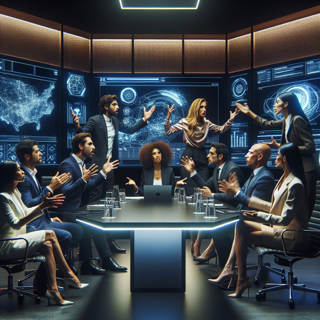 A diverse group of entrepreneurs and business leaders engaged in an intense, dynamic discussion around a sleek modern conference table surrounded by futuristic digital screens and AI-inspired holograms in a stylish, softly lit corporate summit room.