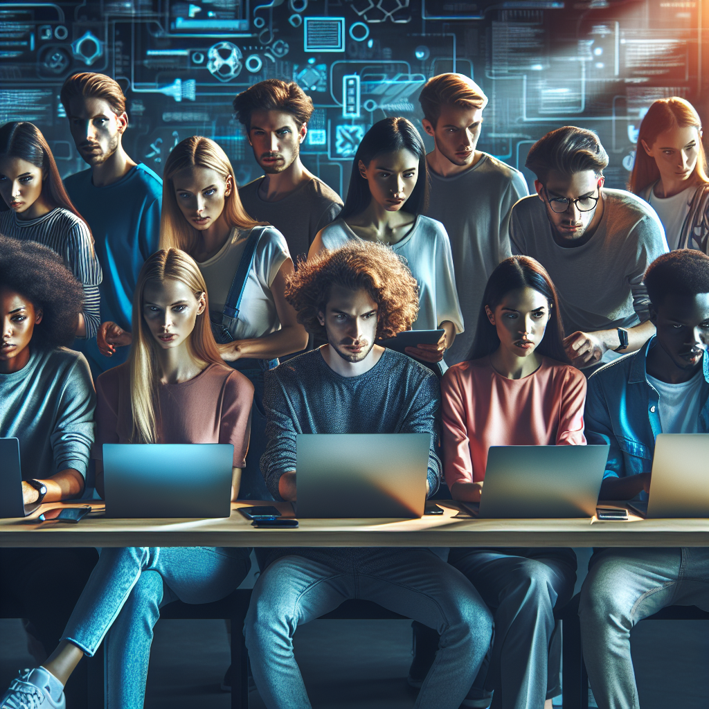 A cinematic, editorial-style photograph of a diverse group of young African adults gathered around laptops and digital devices in a modern, collaborative workspace, engaged in coding, data analysis, and content creation with vibrant natural light highlighting their focused expressions and a backdrop of futuristic AI and marketing-themed visuals subtly integrated into the environment.