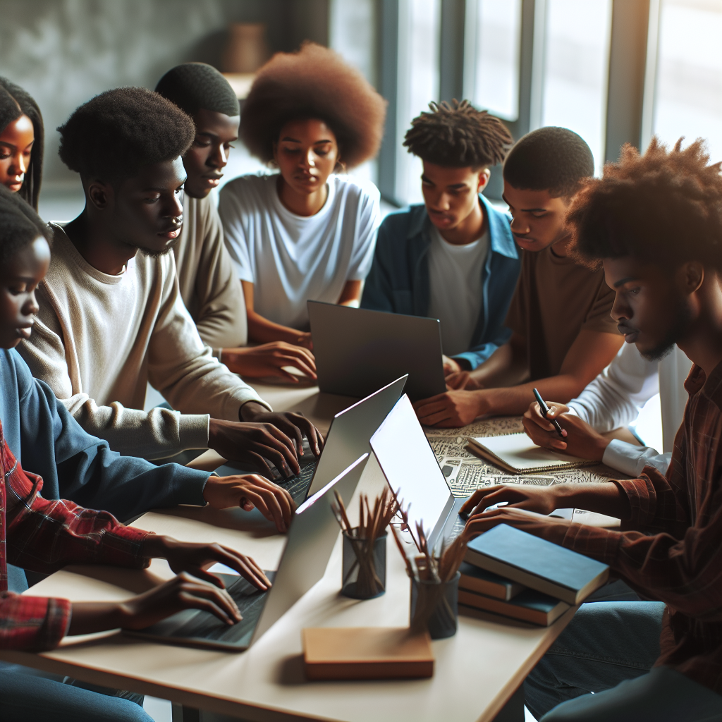 A diverse group of young African men and women collaborating around laptops and digital devices in a modern, bright classroom setting, engaged and inspired as they learn AI and digital marketing skills, with soft natural light creating a hopeful, forward-looking atmosphere.