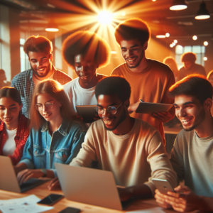 A cinematic editorial photo of a diverse group of enthusiastic young African men and women gathered around laptops and digital devices in a bright, modern co-working space, actively collaborating and learning AI and digital marketing skills, with warm natural light highlighting their focused and hopeful expressions.