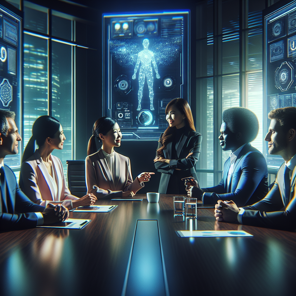 A cinematic editorial-style photo of diverse confident C-suite executives engaged in a dynamic high-level technology summit discussion, surrounded by futuristic digital displays and subtle AI and cybersecurity visual elements, in a modern conference room with dramatic lighting highlighting collaboration and leadership.