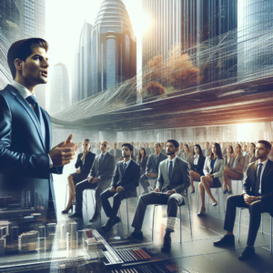 A cinematic editorial photograph of a confident Indian male political leader speaking passionately at a modern government assembly, surrounded by attentive young professionals and entrepreneurs in a bustling urban setting symbolizing innovation and economic growth in Uttar Pradesh.
