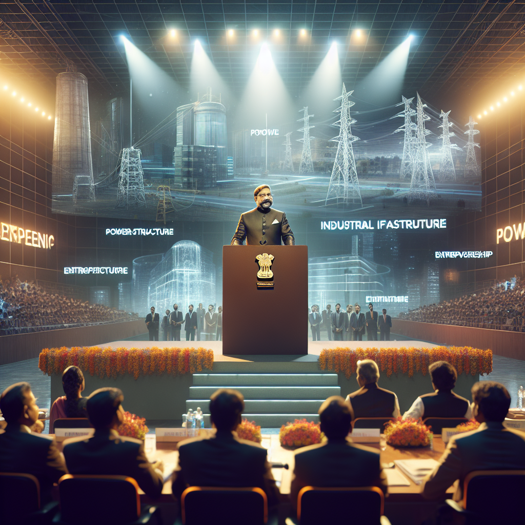 A cinematic, editorial-style image of a confident Indian politician addressing an industrial and startup-focused audience in a modern assembly hall, with dynamic lighting highlighting themes of economic growth, power infrastructure, and entrepreneurship in Uttar Pradesh.