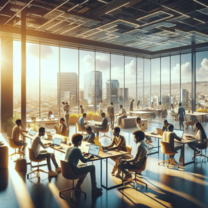 A dynamic panoramic view of a modern co-working space in Addis Ababa filled with diverse young Ethiopian entrepreneurs collaborating over laptops and digital devices, bathed in warm natural light highlighting innovation and energy, with cityscape and subtle tech elements visible through large windows, conveying Ethiopia’s vibrant and rapidly growing startup ecosystem.