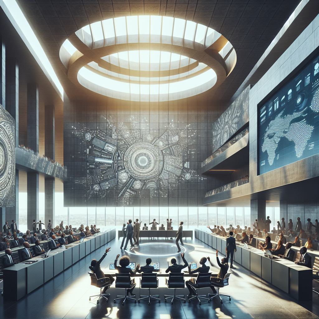 A dynamic, cinematic scene inside a modern conference hall in Addis Ababa showing a diverse group of enthusiastic Ethiopian entrepreneurs and investors engaged in lively discussions, with large digital screens displaying abstract tech graphics in the background, warm natural light streaming through windows highlighting traditional African patterns subtly integrated into the sleek, contemporary architecture.