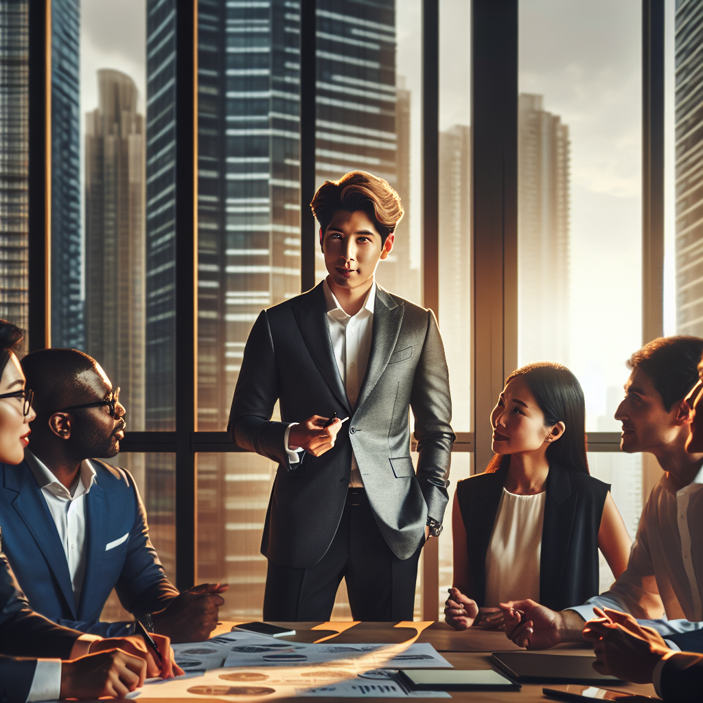 A confident Korean business leader in a modern co-working space, engaging with a diverse group of startup founders during a dynamic brainstorming session, bathed in warm natural light with sleek urban cityscape visible through large windows.
