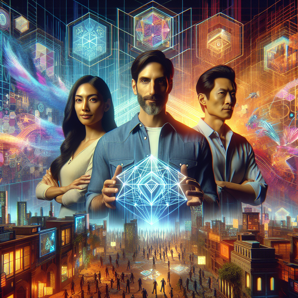 A dynamic, cinematic editorial image showing a confident, diverse team of game developers collaborating around futuristic holographic screens displaying Latin American cultural symbols and interconnected game universes, with a vibrant cityscape in the background symbolizing the LatAm market expansion.