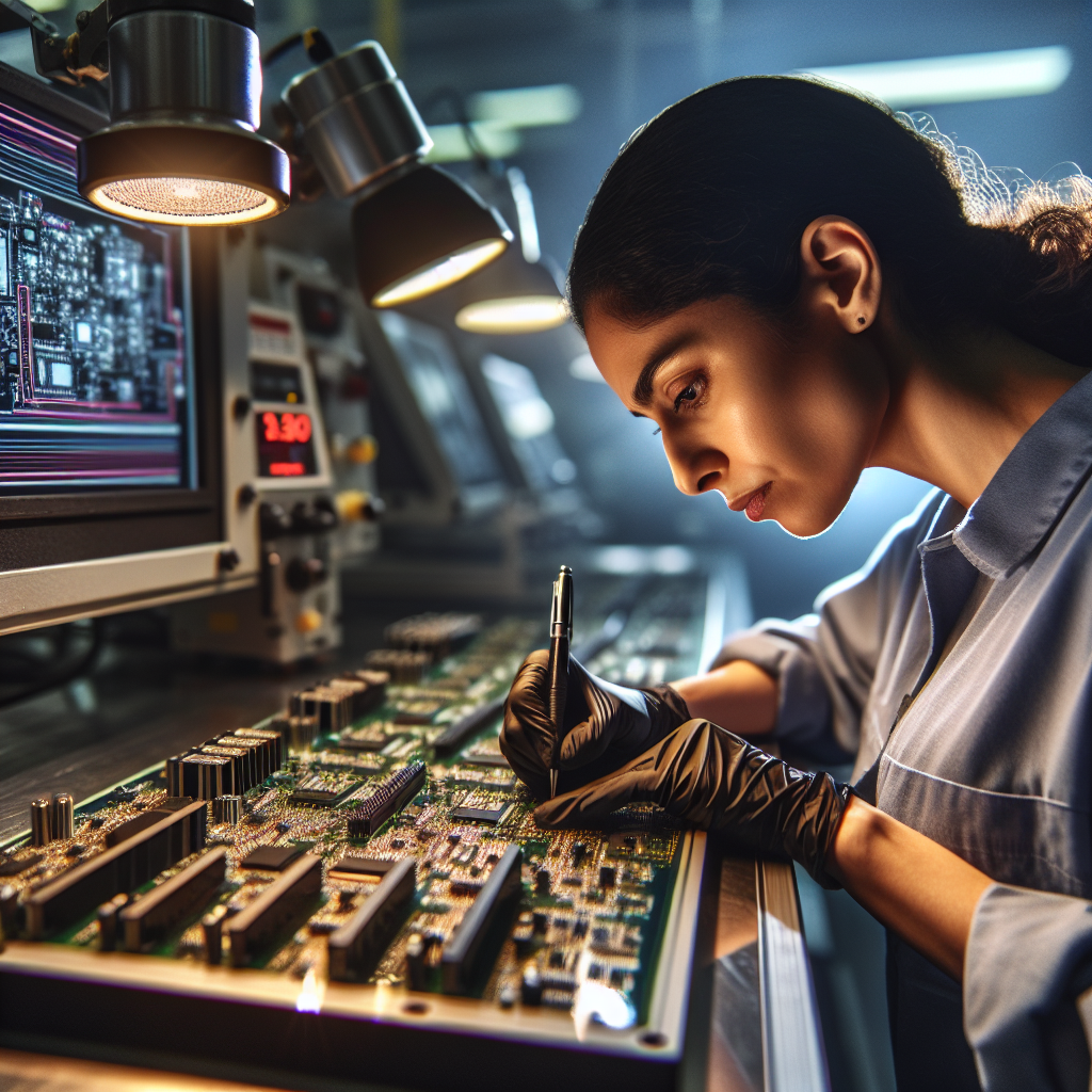 A close-up cinematic shot of a skilled technician wearing gloves inspecting a high-density printed circuit board assembly under bright, focused lighting in a modern industrial automation lab, showcasing intricate surface-mount components and sophisticated testing equipment in the background.