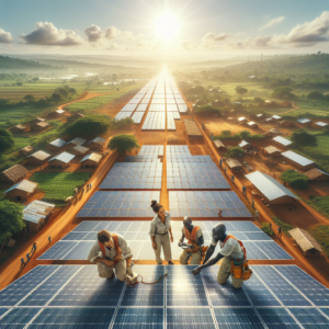 A cinematic aerial shot of expansive solar panel fields gleaming under bright African sunlight, with diverse local technicians working collaboratively amidst a backdrop of rural communities and vibrant landscapes, symbolizing sustainable solar energy development and community empowerment.