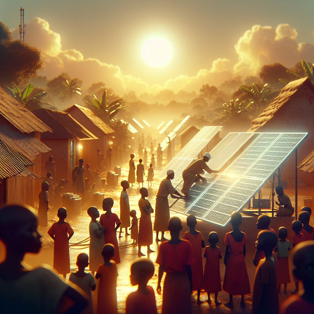 A cinematic, editorial-style image of a solar panel installation in a vibrant African rural landscape during golden hour, with local technicians collaborating and children nearby, capturing sustainable energy empowerment and community progress without any visible text or logos.