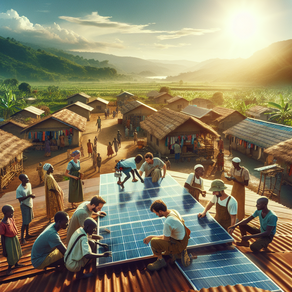 A cinematic, editorial-style photograph of African villagers and local workers collaboratively installing solar panels on a sunlit rural school rooftop, with vibrant greenery and traditional village buildings in the background, symbolizing sustainable energy bringing light, hope, and community empowerment.