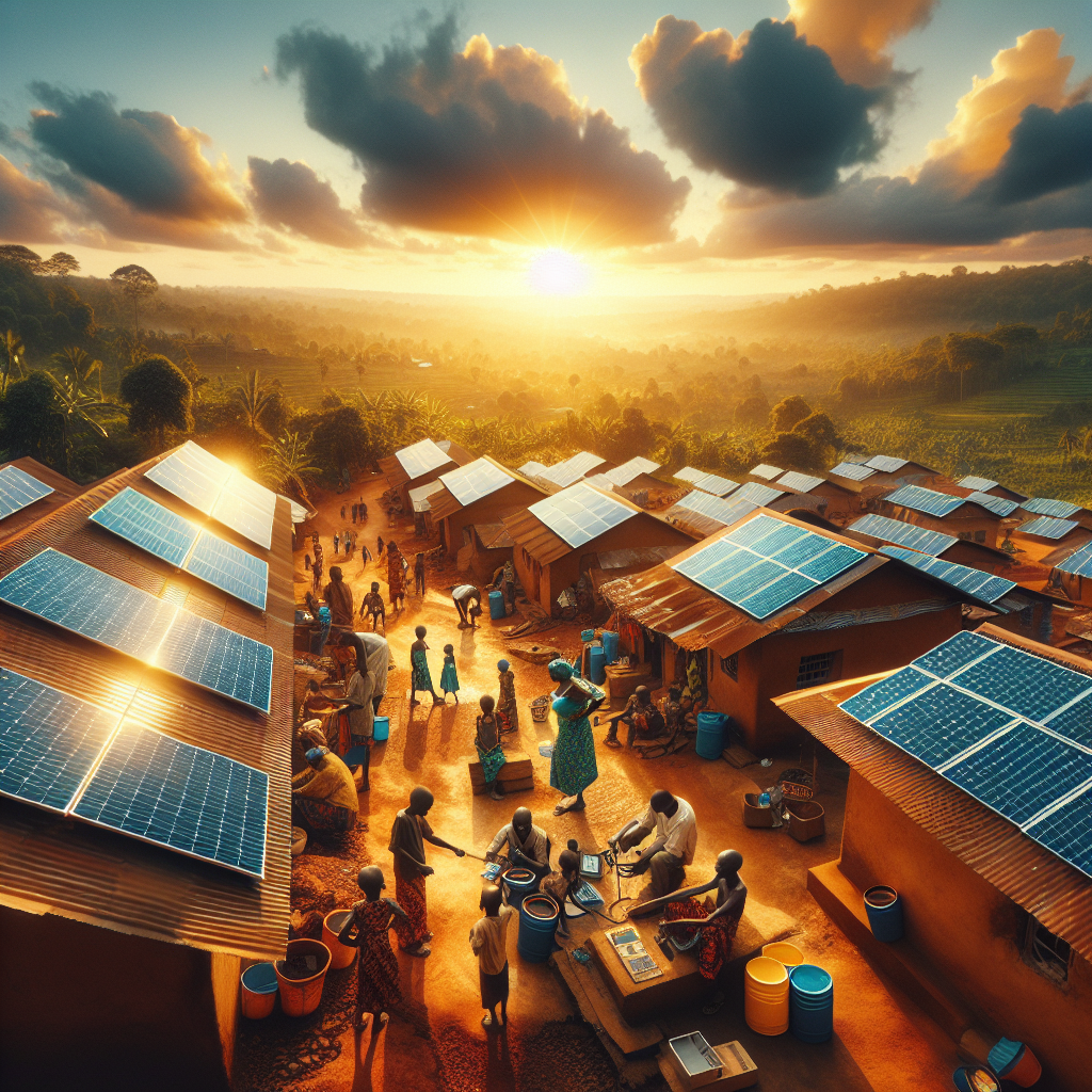 A wide-angle cinematic shot of a vibrant African village at golden hour, featuring gleaming solar panels installed on rooftops and ground mounts, with local community members—including children and workers—engaged in daily activities and tending to the solar installations, set against a backdrop of lush greenery and a clear sky symbolizing clean, sustainable energy empowering rural development.