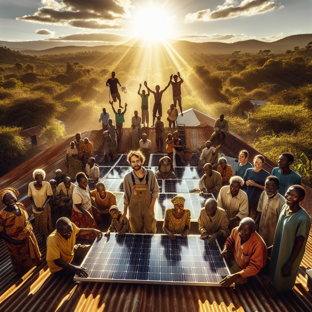 A cinematic editorial-style photograph of African community members and local technicians collaboratively installing solar panels on a sunlit rooftop in a rural village, with warm natural lighting highlighting diverse faces filled with hope and determination, set against a backdrop of vibrant greenery and clear skies, emphasizing sustainable energy and social empowerment.