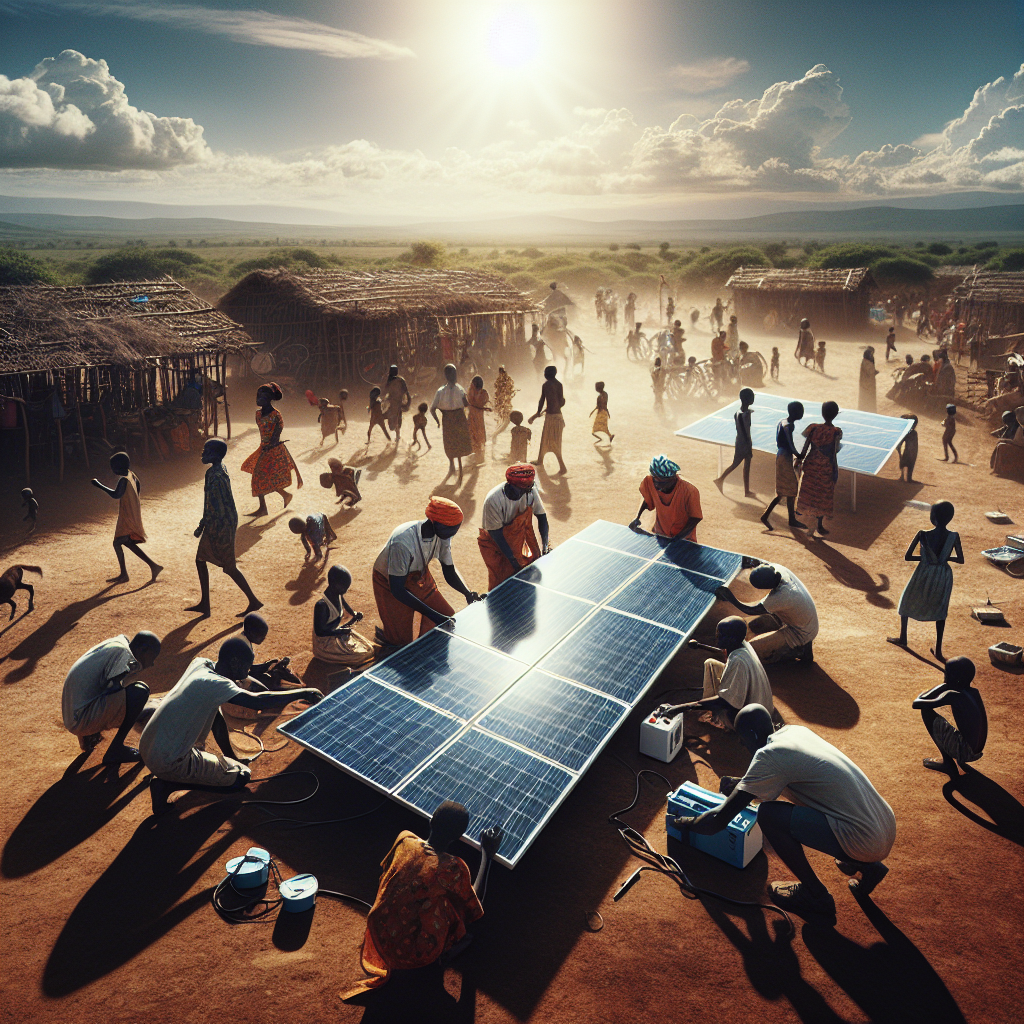 A cinematic, editorial photograph of African solar technicians installing sleek LONGi solar panels in a sunlit rural village, framed by vibrant community life and expansive clear skies, highlighting clean energy empowering local people and sustainable development.