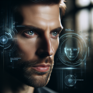 A cinematic close-up of a thoughtful actor in a dimly lit studio, surrounded by subtle holographic AI interface elements and digital overlays that hint at real-time performance adjustments, capturing the fusion of artistry and advanced technology in the future of acting.
