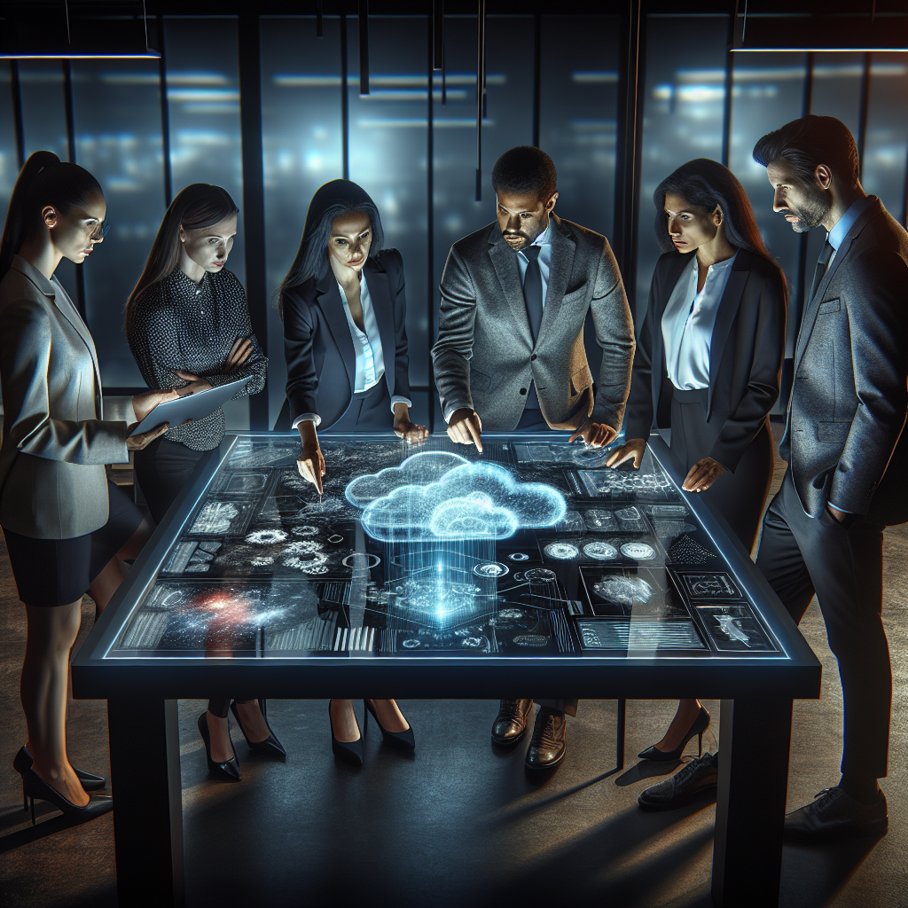 A cinematic editorial photo of a diverse team of professionals collaborating around a large transparent digital screen displaying abstract cloud computing and AI data visualizations, set in a modern high-tech office with moody lighting that highlights focus and innovation.