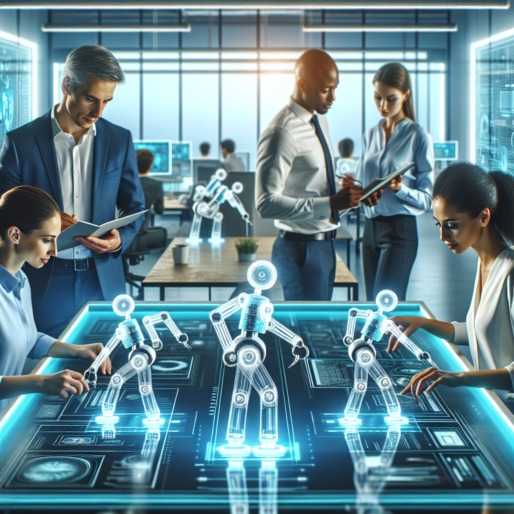 A futuristic office environment with a diverse team collaborating alongside sleek robotic arms and transparent digital interfaces displaying automation workflows, illuminated by soft blue and white lighting, conveying the dynamic growth and integration of robotic process automation in modern business.