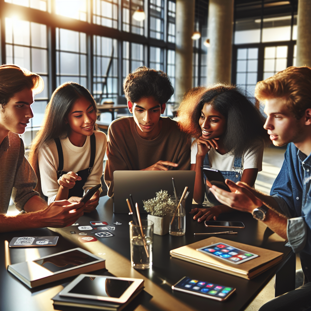 A cinematic editorial photo of a diverse group of high school students collaborating around a laptop and smartphone at a modern classroom table, actively discussing and creating digital marketing content with social media icons subtly reflected on screens, warm natural light streaming through large windows, conveying innovation and youthful engagement in social media marketing education.