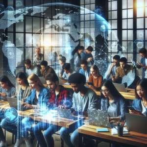 A dynamic, cinematic view of a diverse team of young entrepreneurs in a modern coworking space surrounded by digital world maps and holographic graphs symbolizing global startup growth and international trade connections.