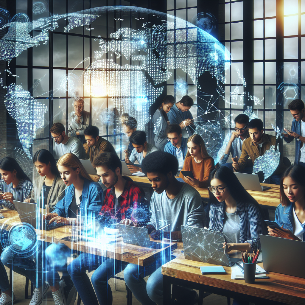 A dynamic, cinematic view of a diverse team of young entrepreneurs in a modern coworking space surrounded by digital world maps and holographic graphs symbolizing global startup growth and international trade connections.