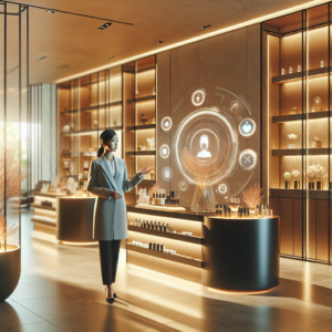 A sleek, modern wellness spa reception bathed in warm natural light with subtle futuristic digital interfaces overlaying the space, featuring a poised professional woman interacting with a virtual AI assistant on a transparent touchscreen, surrounded by elegant luxury skincare products and calming natural elements in a minimalist, high-end Beverly Hills setting.